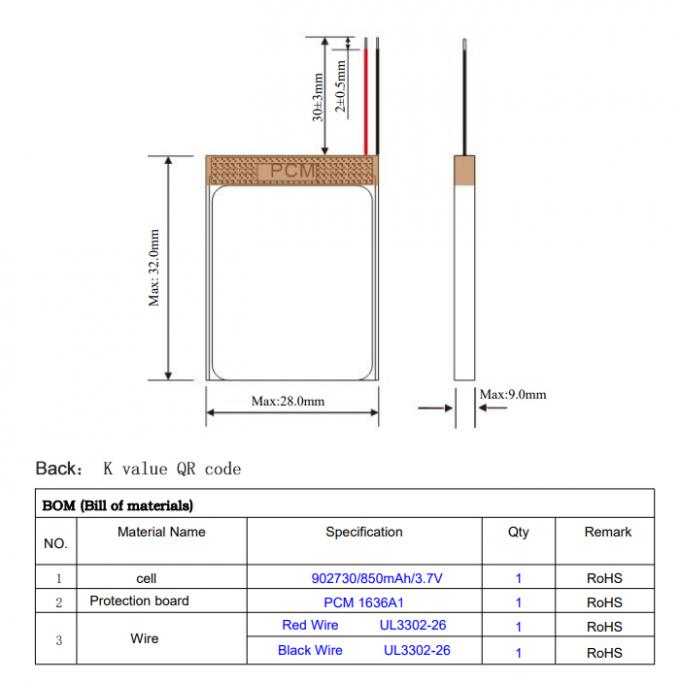 3.7V 850mAh Rechargeable Polymer Lithium Battery 902730 for GPS Digital Camera Charger
